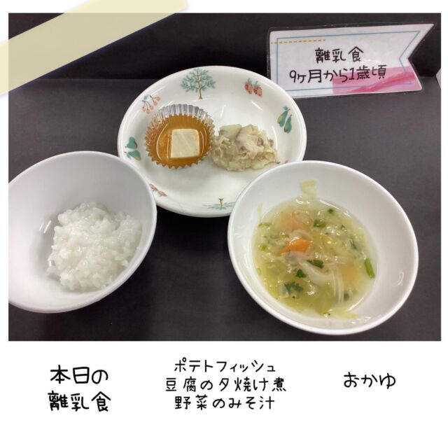 🌞
本日の離乳食
＊ポテトフィッシュ
＊豆腐の夕焼け煮
＊野菜のみそ汁
＊おかゆ

#静岡県#静岡市#葵区#認可保育園#保育園#幼児#乳児#はだし#はだし保育#こどものいる暮らし#こども#本日の給食#給食#おいしい給食#献立日記#栄養士#調理師#給食室#本日の離乳食#離乳食#保育園給食